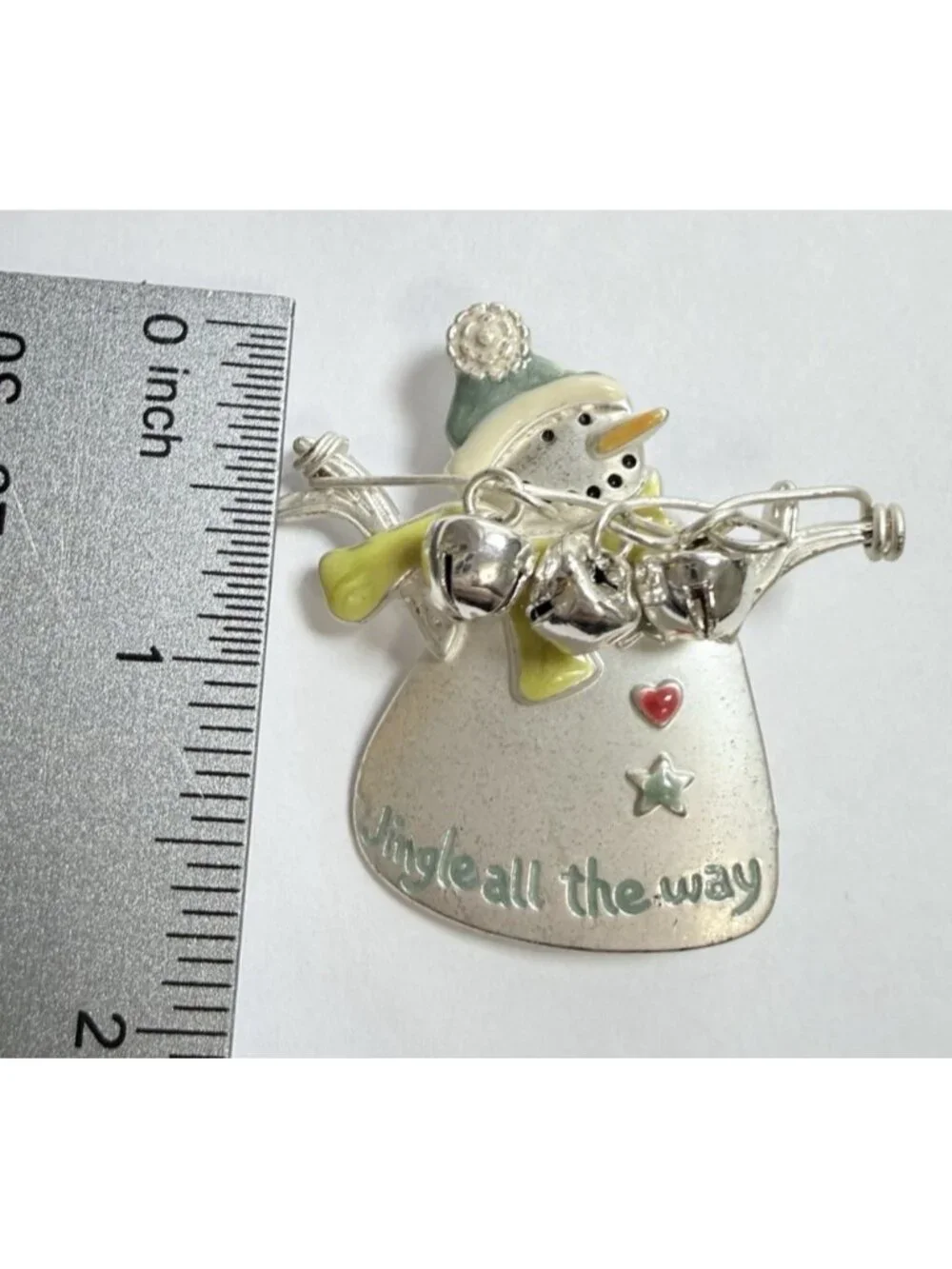 Snowman Brooch Jingle All The Way With Jingle Bells Silver Tone Signed TC